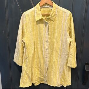 Soft Surroundings Yellow Stripe Livienne Linen Button Down Shirt Top Size Large